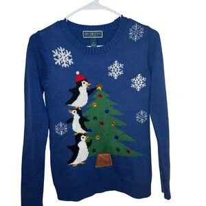 Karen Scott Petites Ugly Christmas Sweater‎ Blue Penguins Tree Knit Women PP